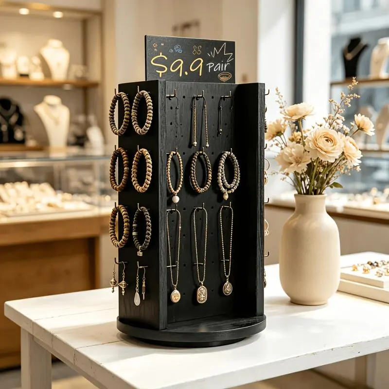 PABHAN 4 layer vintage wooden jewelry display stand with 48 hooks, capable of storing bracelets, necklaces and watches. It is a jewelry and hair accessory organizer suitable for tabletop use, and can also be used as a jewelry tower