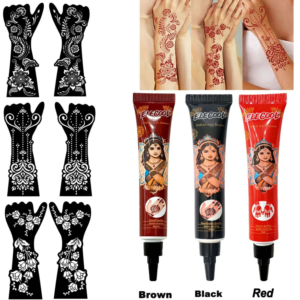 Boho Style Hand Henna Tattoo Kit, Full Hand Floral Cutout Template, Waterproof Long-Lasting Tattoo Cream, DIY Body Art, Wedding Decor