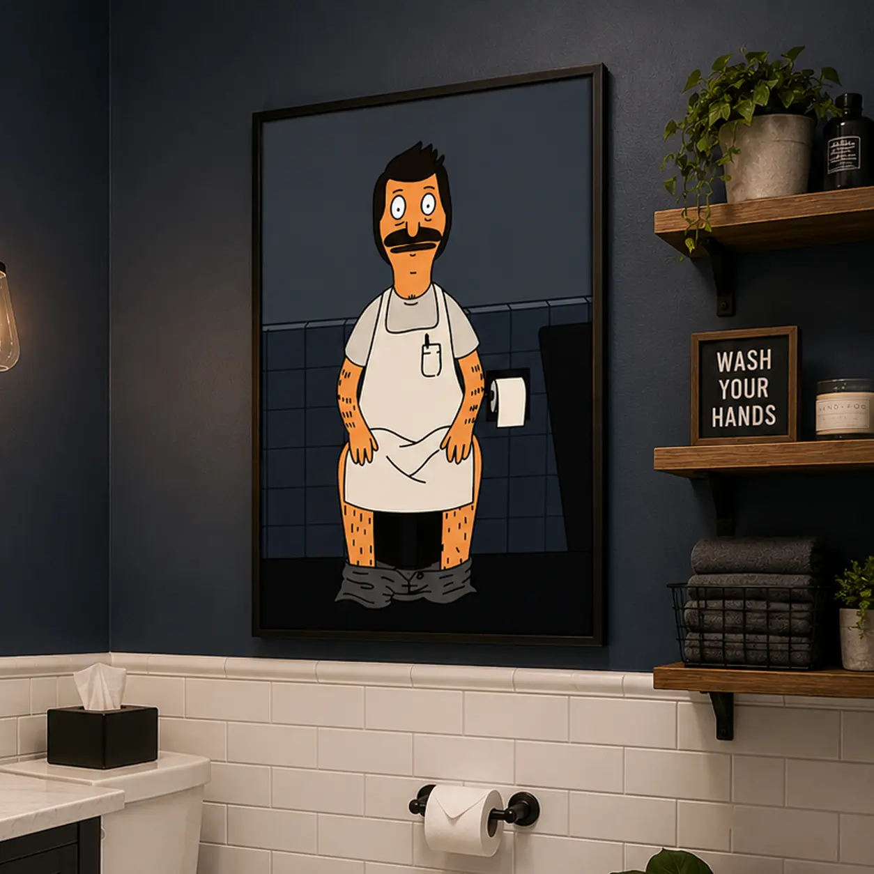 1PC Bob's Burgers Belcher Bathroom Scene Framed Canvas Print - Funny TV Show Wall Art Decor with Bob's Burgers Characters, Ready-to-Hang for Living Room and Bathroom, Abstract Face Design Artwork