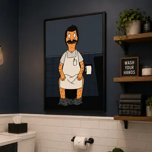 1PC Bob's Burgers Belcher Bathroom Scene Framed Canvas Print - Funny TV Show Wall Art Decor with Bob's Burgers Characters, Ready-to-Hang for Living Room and Bathroom, Abstract Face Design Artwork