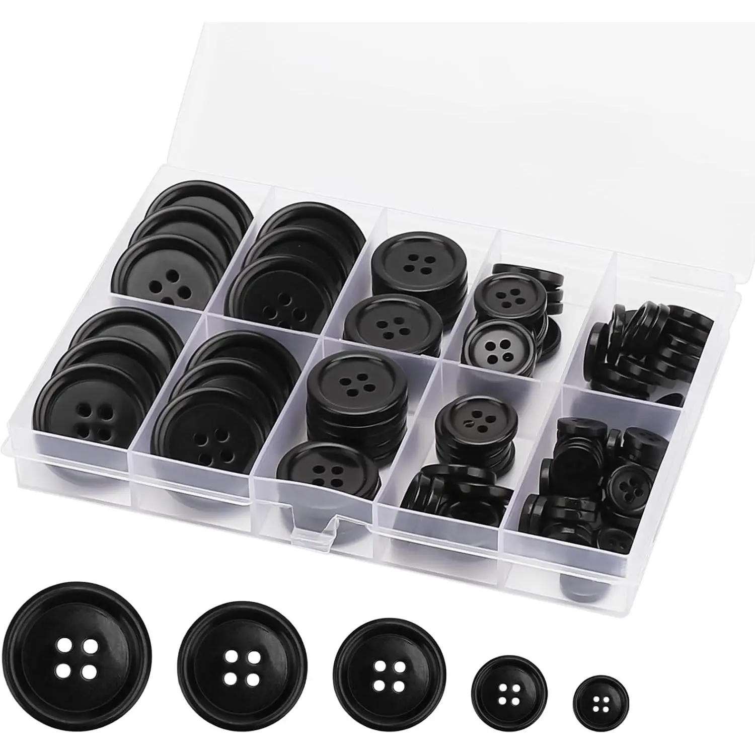 100 count    Sewing Buttons,   4-Hole Craft Buttons, 5 Sizes of Black Buttons Suitable for Sewing, DIY and Holiday Decoration(Black)
