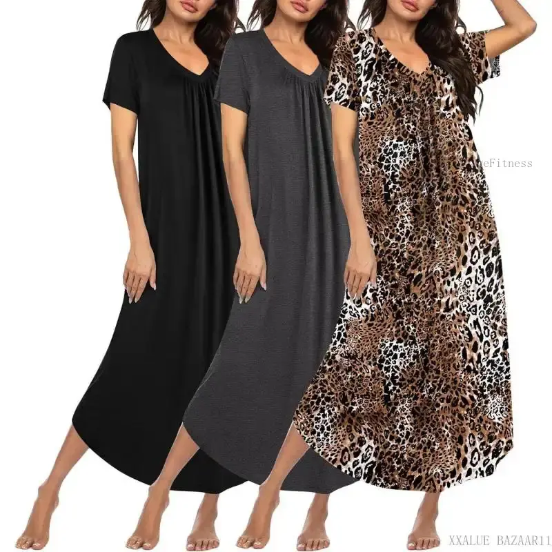3 Pack Long Nightgowns for Women Plus Size House Dress Short Sleeve Night Gown V Neck Casual Nightshirt M-5XLXXALUE BAZAAR11XX15ForgeFitness