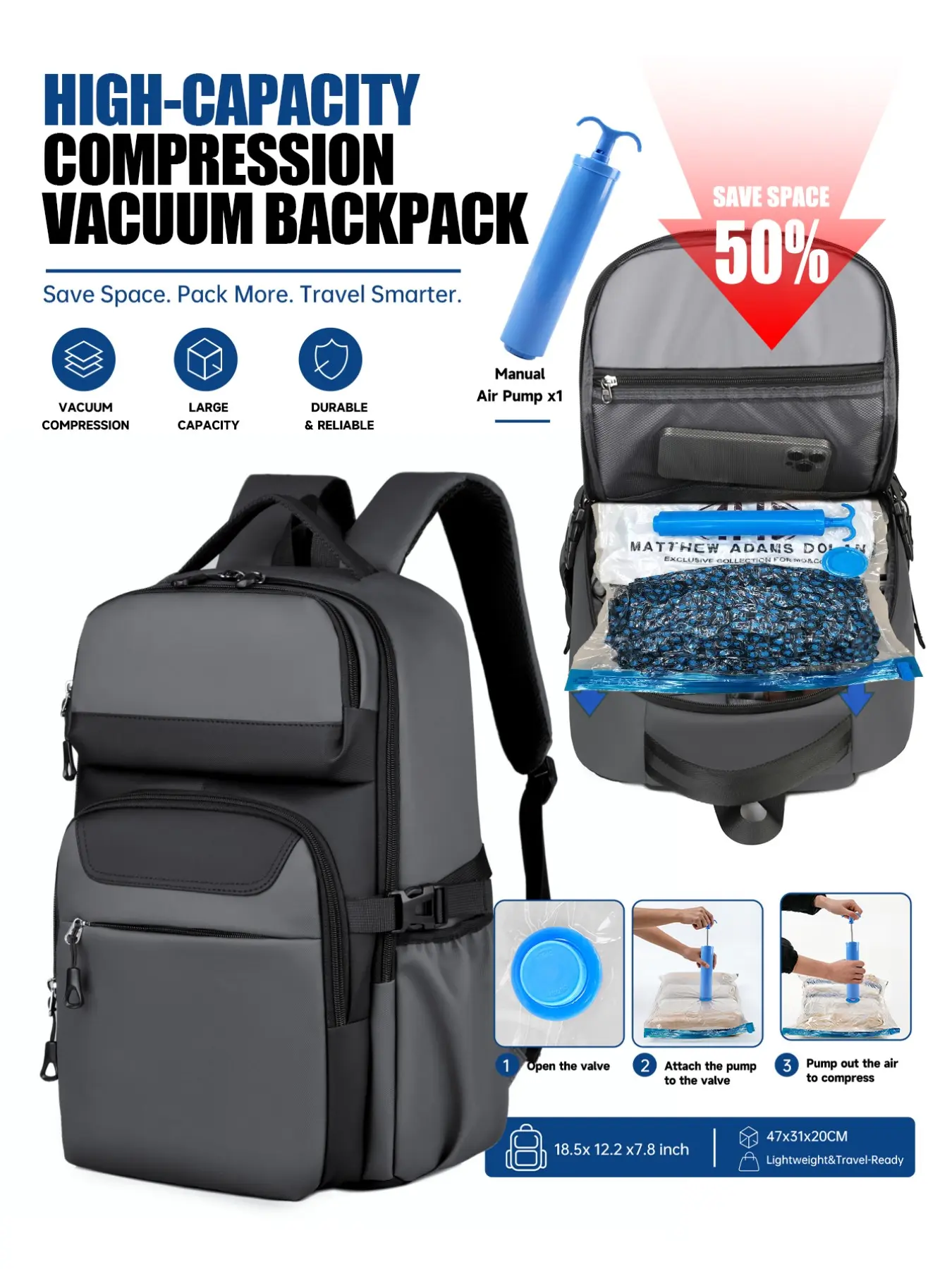 Vacuum Compressed Travel Backpack 40L, Aircraft Cabin Luggage, Ryanair Easyjet, Large Capacity, Fits 17.3 Inch Laptop, Halloween Christmas Gift