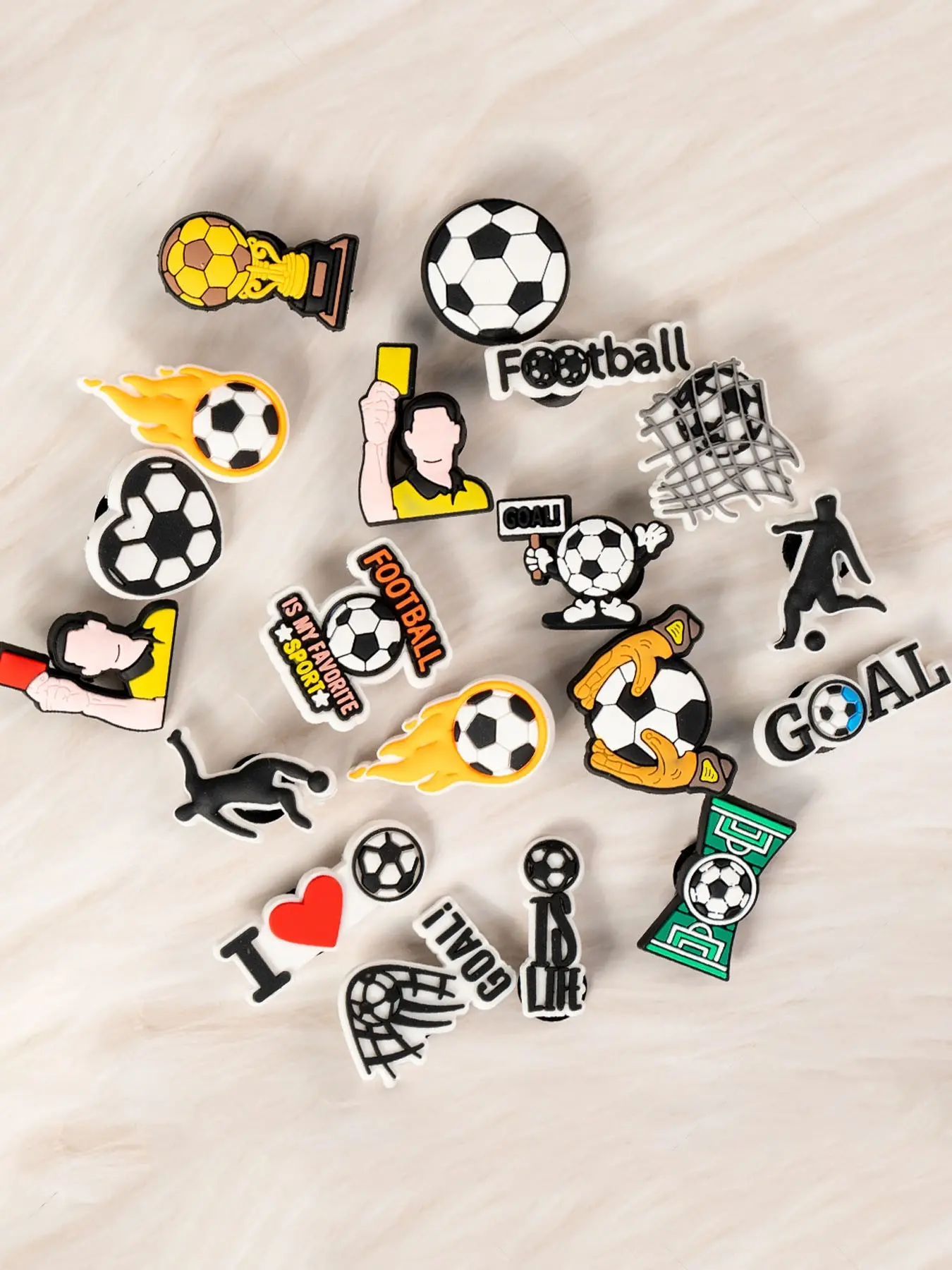 26 Piece Football Gear Theme Shoe Accessories Set, Trophy Referee Card Flame Soccer Soft Gel Decorative Shoe Covers, Shoe Charms Set, Shoe Decoration