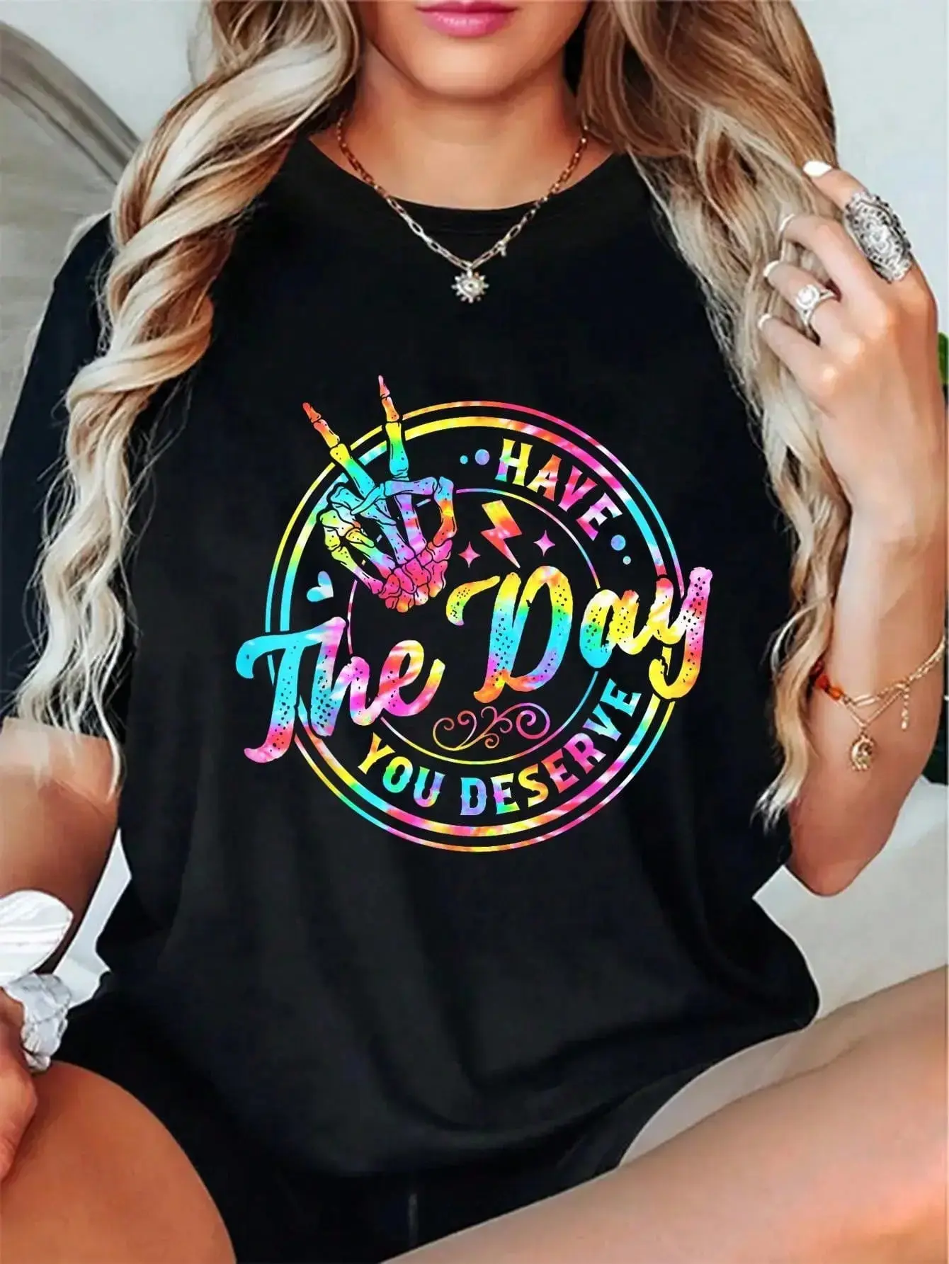 Casual Short-Sleeve Round Neck Streetwear Sports Top, "Have The Day You Deserve" Skeleton Peace Hand Sign Tie Dye T-Shirt, Shortsleeve, Tshirt