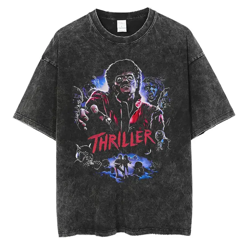 Women's Classic Short-Sleeve Round Neck Top - Michael Jackson Thriller Vintage Washed Graphic Tee, Retro Zombie Dance Print Oversized Unisex Cotton Streetwear, Distressed Aesthetics for 80s Music Fans & Daily Wear, Shortsleeve, Zombie Print