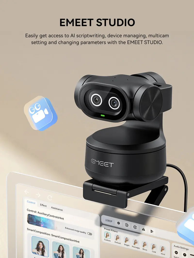 EMEET PIXY Wired 4K AI PTZ Webcam - AI-Powered, 0.2s PDAF Autofocus, 1/2.55'' Sensor, 3 Mics, Privacy Mode, Gesture Control, Audio-Enabled for Streaming/Vlogging, PC Accessories, Switch Gaming/OBS Use