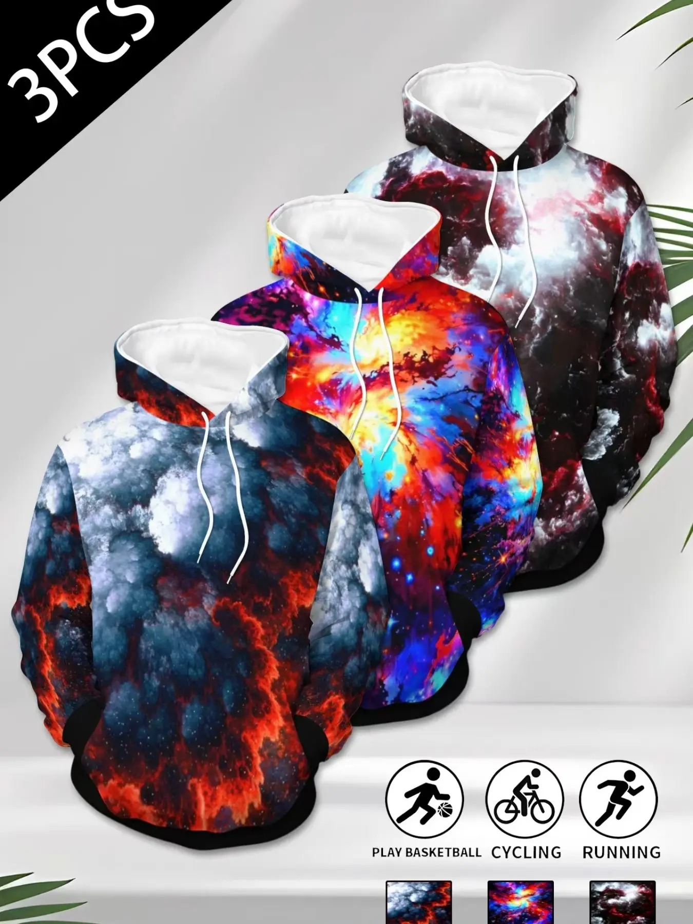 3-Pack Men's Universe Nebula Full Print Hoodie, Drawstring Kangaroo Pocket, Long Sleeve Casual Pullover, Streetwear Sportswear