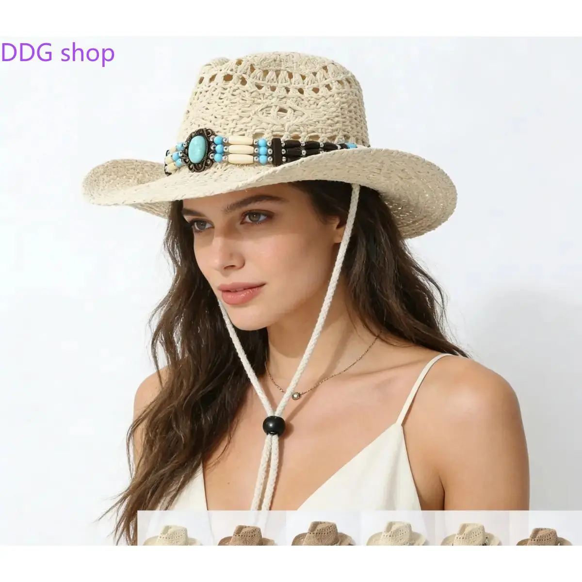 Western Style Straw Sun Hat, popular breathable cowboy hat with decorative turquoise bead trim. Lightweight construction and all-day comfort, stylish for beach days, country concerts and boho-inspired everyday looks.