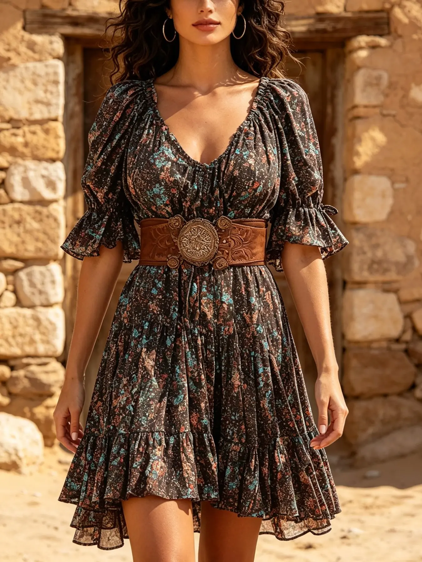 Women's Ruffle Short Dress, Western Casual Daily, Surplice V Neck, Puff Sleeves, Tiered Hem, High Waist, Breathable Woven Fabric, Spring Summer