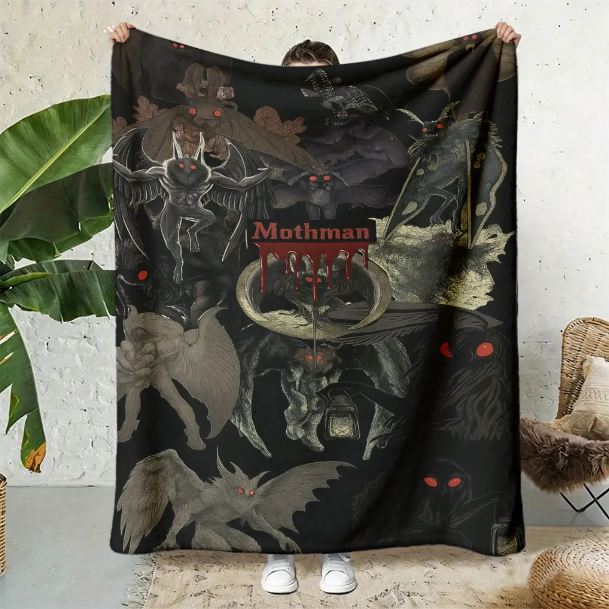 Mothman Cryptid Collage Flannel Throw Blanket Red Eye Moth Man Vintage Cryptid Art Soft Fleece Blanket Gothic Cryptid Lover Decor Gift