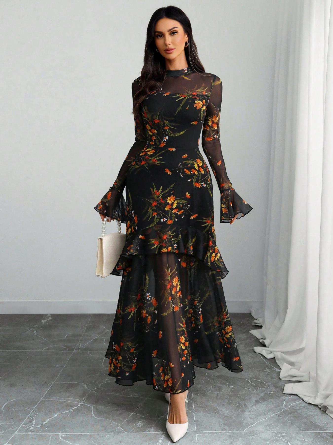 Women's Floral-Print Fitted Dress, Elegant Feminine Vintage Gothic Aesthetic Flared Long Sleeve Dress for Party Holiday Wedding Guest, Ladies' Clothes for All Seasons, Elegance, Garden Formal Dresses for Wedding Guest