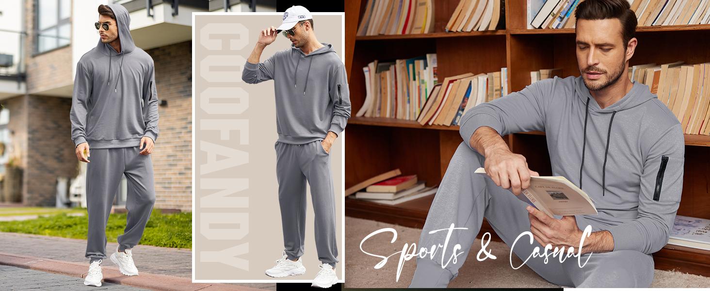 MIQI Men's rendy casual Tracksuit 2 Pack Hooded Athletic Sweatsuits Casual Running Jogging Sport Suit Sets