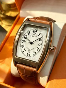 Luxury Barrel-Shaped Men's Quartz Watch, Classic Retro Arabic Numerals, Textured Dial Calendar Display, Waterproof Leather Business Watch