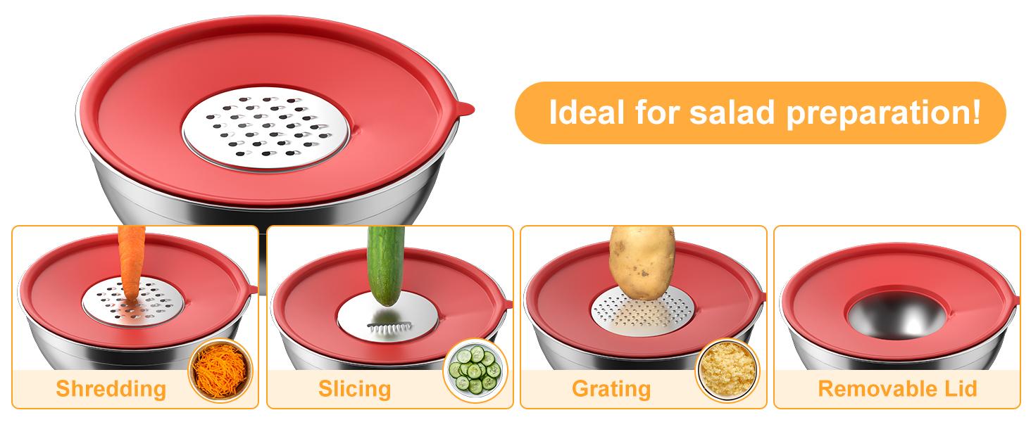 Mixing Bowls with Lids Set, 7 PCS Stainless Steel Mixing Bowls with 3 Grater Attachments, Size 4.5, 4, 3.5, 2.1, 1.5, 1.1, 0.7QT, Ideal for Kitchen Cooking Baking & Serving