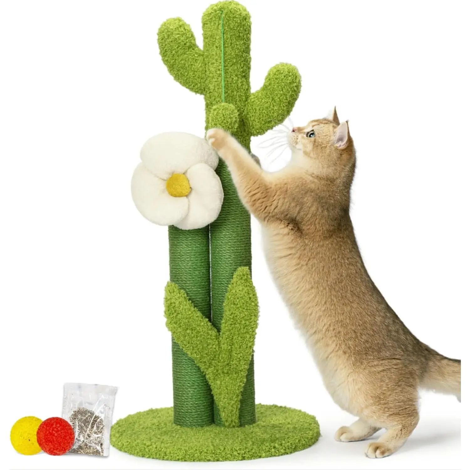 33" Tall Cactus Cat Scratching Post for Large Cats, Heavy Duty Double Scratch Posts with Flower & Crinkle Leaves, Cactus Cat Tree with 2 Bonus Toy & Catnip, Green Stable Scratching Post