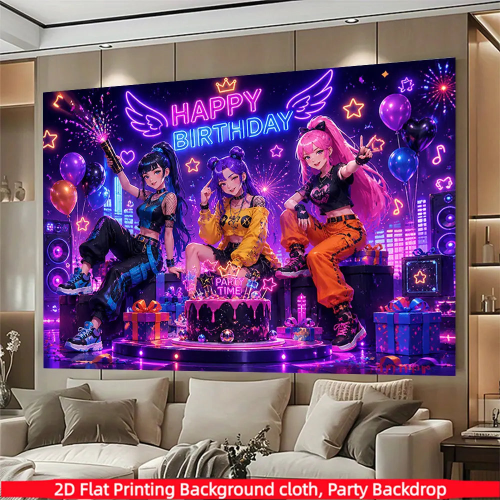 KPOP girl birthday background banner, Party decoration banner, rainbow balloon cake gift elements, polyester material, suitable for birthdays, anniversaries, home decor, outdoor and indoor parties, photography backdrops, birthday party supplies