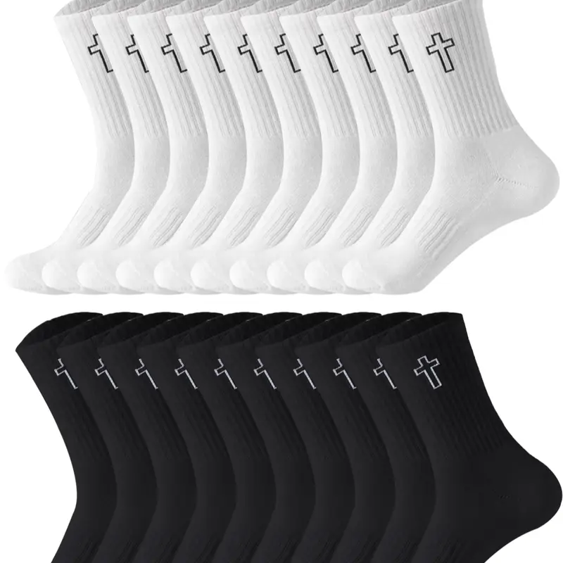 Men's Cross Print Knit Crew Socks, Sock Set, Casual Comfy Breathable Mid-calf Socks for Daily Wear, Men's Socks for All Seasons