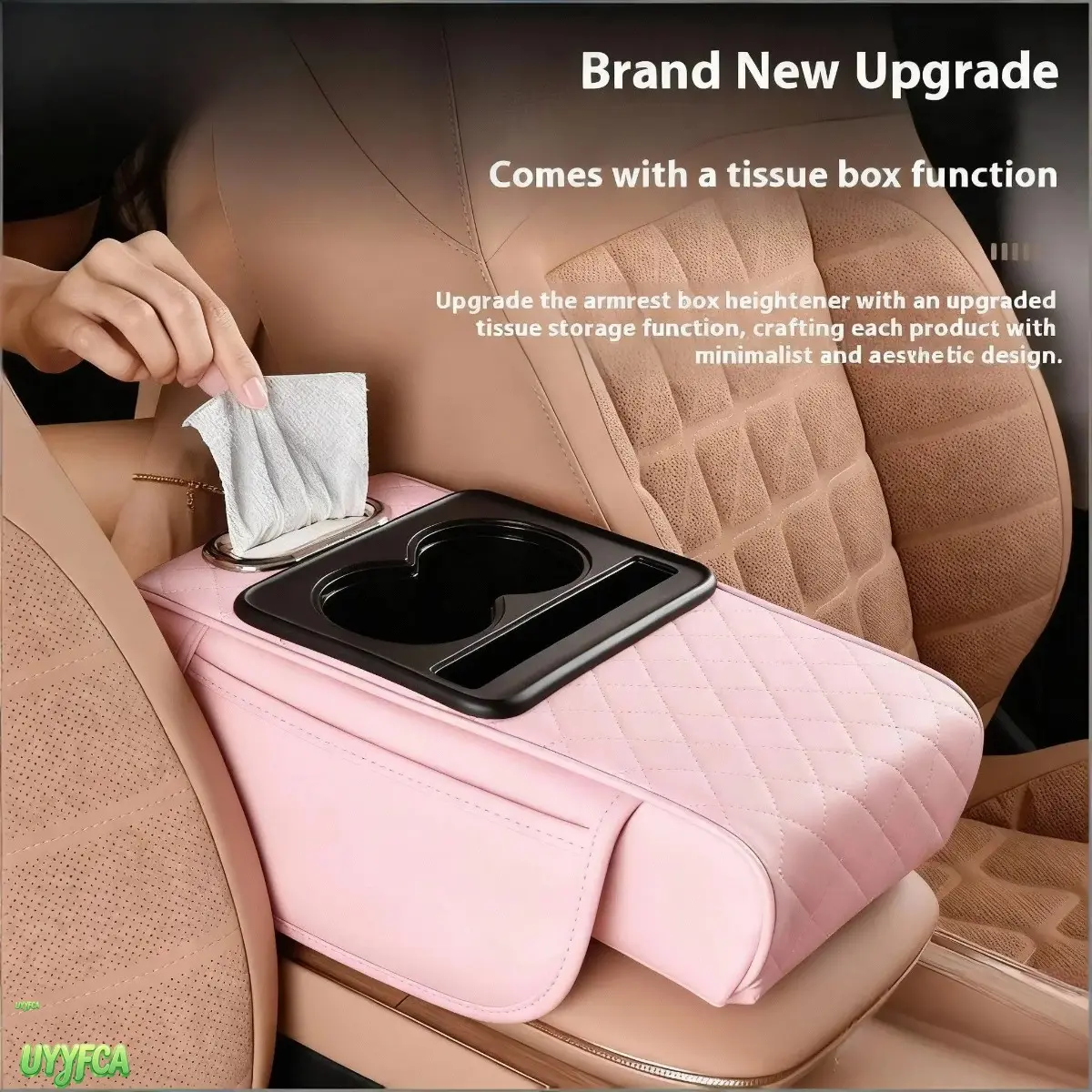Quilted Look 4-in-1 Faux Leather Car Armrest Heightener Cushion - Multi-Use Center Console Storage + Cup Organizer with Tissue Box, Dual Holders, Side Pocket, Universal Auto Interior Accessory for Daily Driving, Road Trip, Universal Car, Minimalist Declut