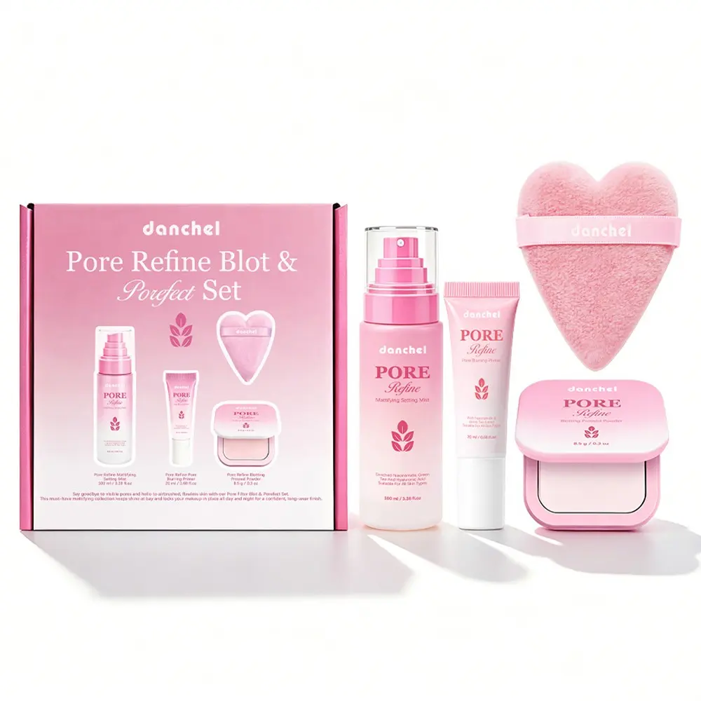 danchel Pore Refine Blot & Porefect Set, All-in-One Makeup Kit, Includes Pore-Blurring Primer, Mattifying Setting Mist & Oil-Absorbing Pressed Powder, Long-Lasting Wear for Oily & Pore-Prone Skin