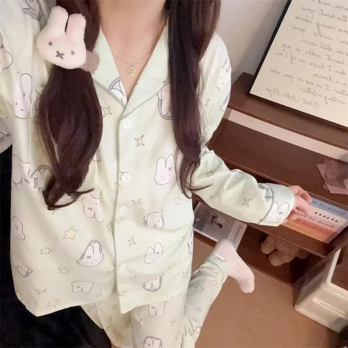 Lady's Kawaii Miffy Rabbit 2-Piece Long-Sleeve Long-Pants Nightwear, Loungewear Pyjamas for Spring & Autumn Home Wear