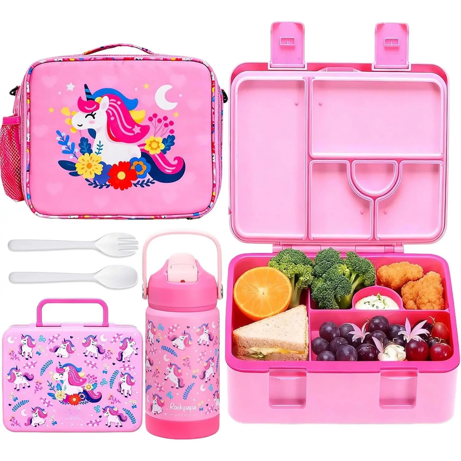 Unicorn Bento Lunch Box Set with 5.5-Cup Leakproof Tableware, 14oz Insulated Tumbler with Lid, Lightweight Lunch Bag, Microwave Safe for Kids, Modern