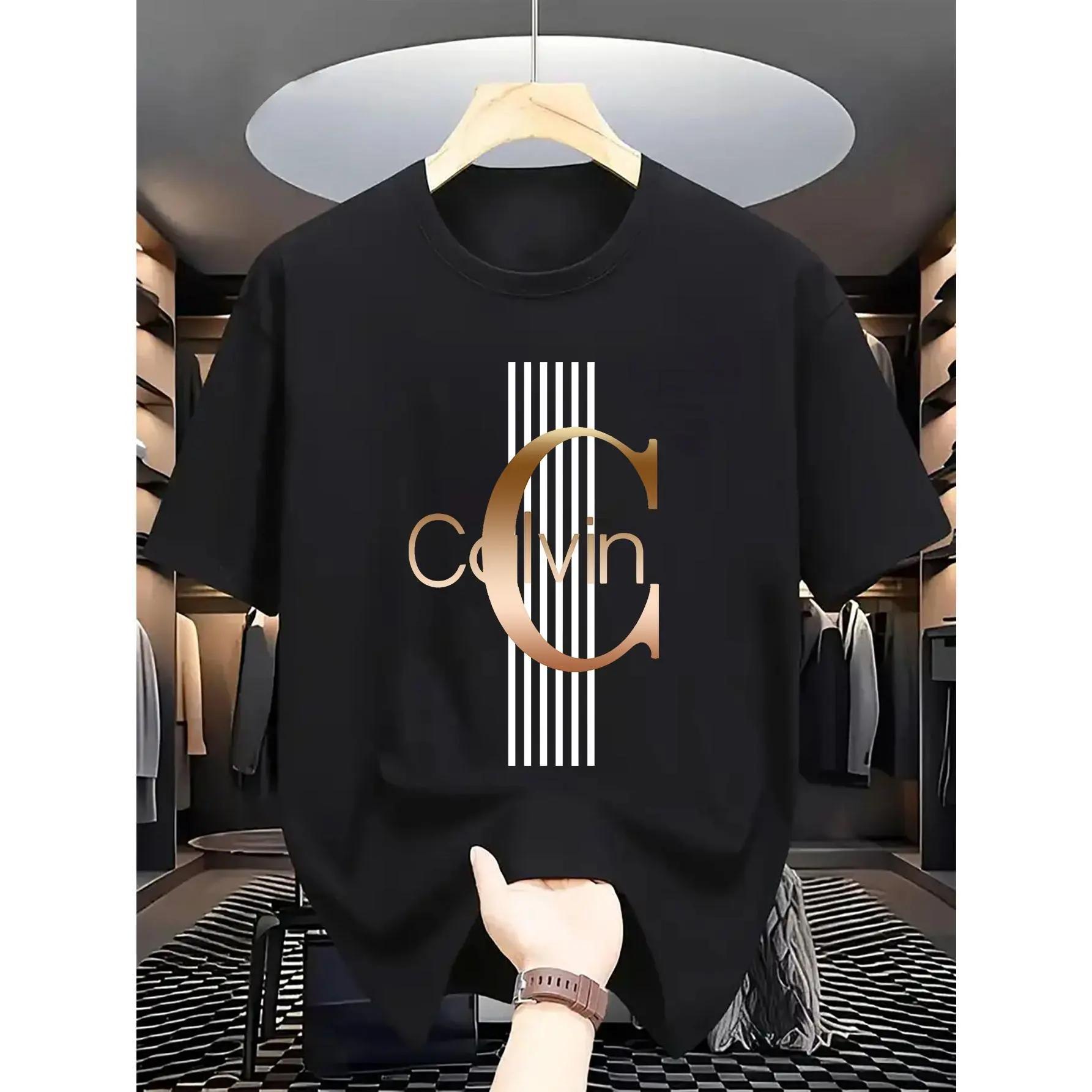 Men'S Casual Calvin Graphic T-Shirt - Bold Letter Print with Black Stripes & Golden Accents, Breathable Round Neck Summer Streetwear, Machine Washable, Comfortable Everyday Fashion Tee, Everyday Tshirt | Bold Letter Print | Comfortable Fit,