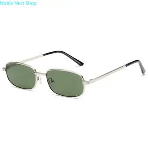 Men’s 90s Retro Small Rectangle Sunglasses, Silver Metal Frame with Green UV400 Protection Lenses, Lightweight Fashion Eyewear for Daily Casual Wear & Guys’ Holiday Gifts
