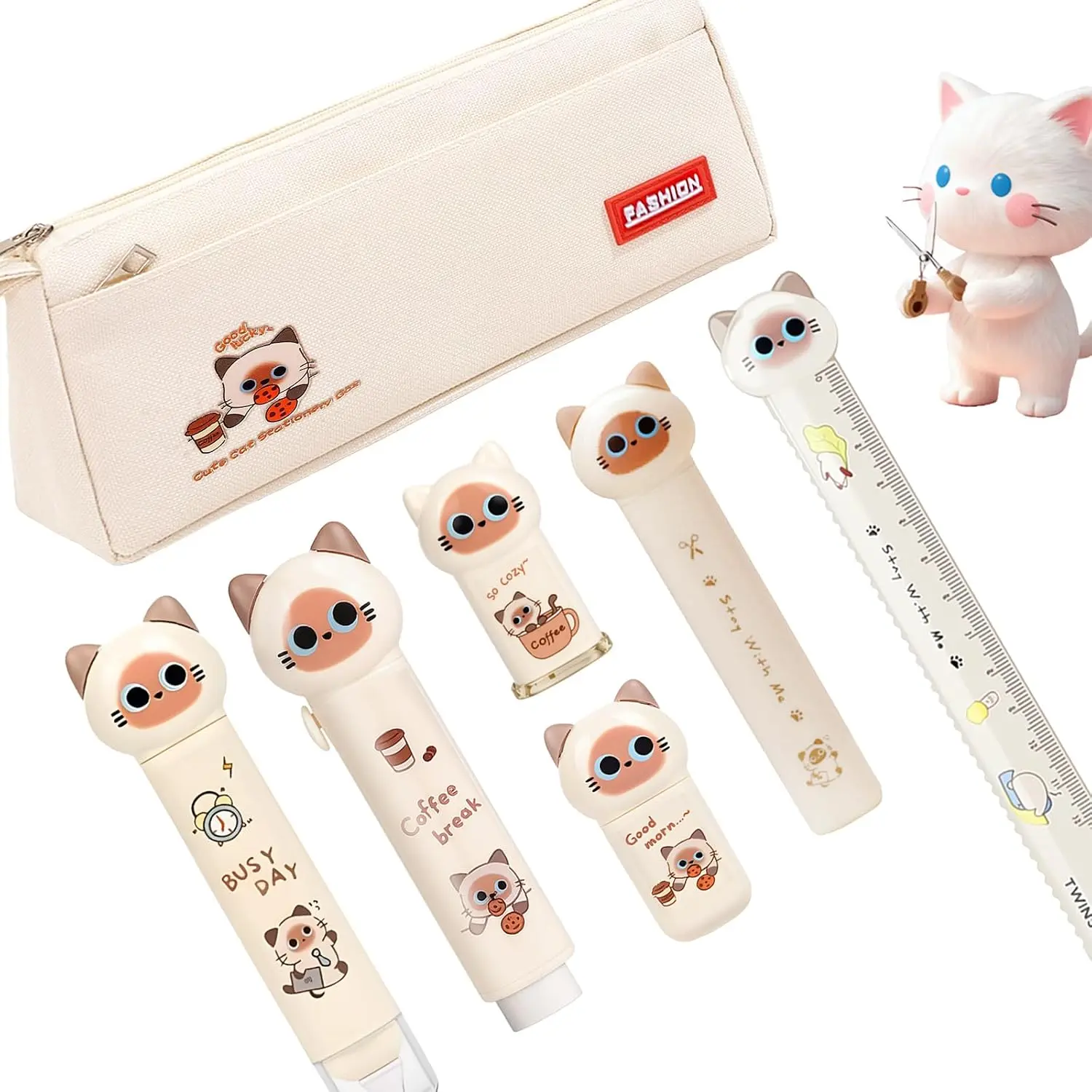 7 count Beige Cute  Stationery Gifts Set School Supplies Kawaii  Stationery Christmas Birthday GIFS Includes Pencil Sharpener Highlighter Correction Tape Pens Ruler for Office School Supplies
