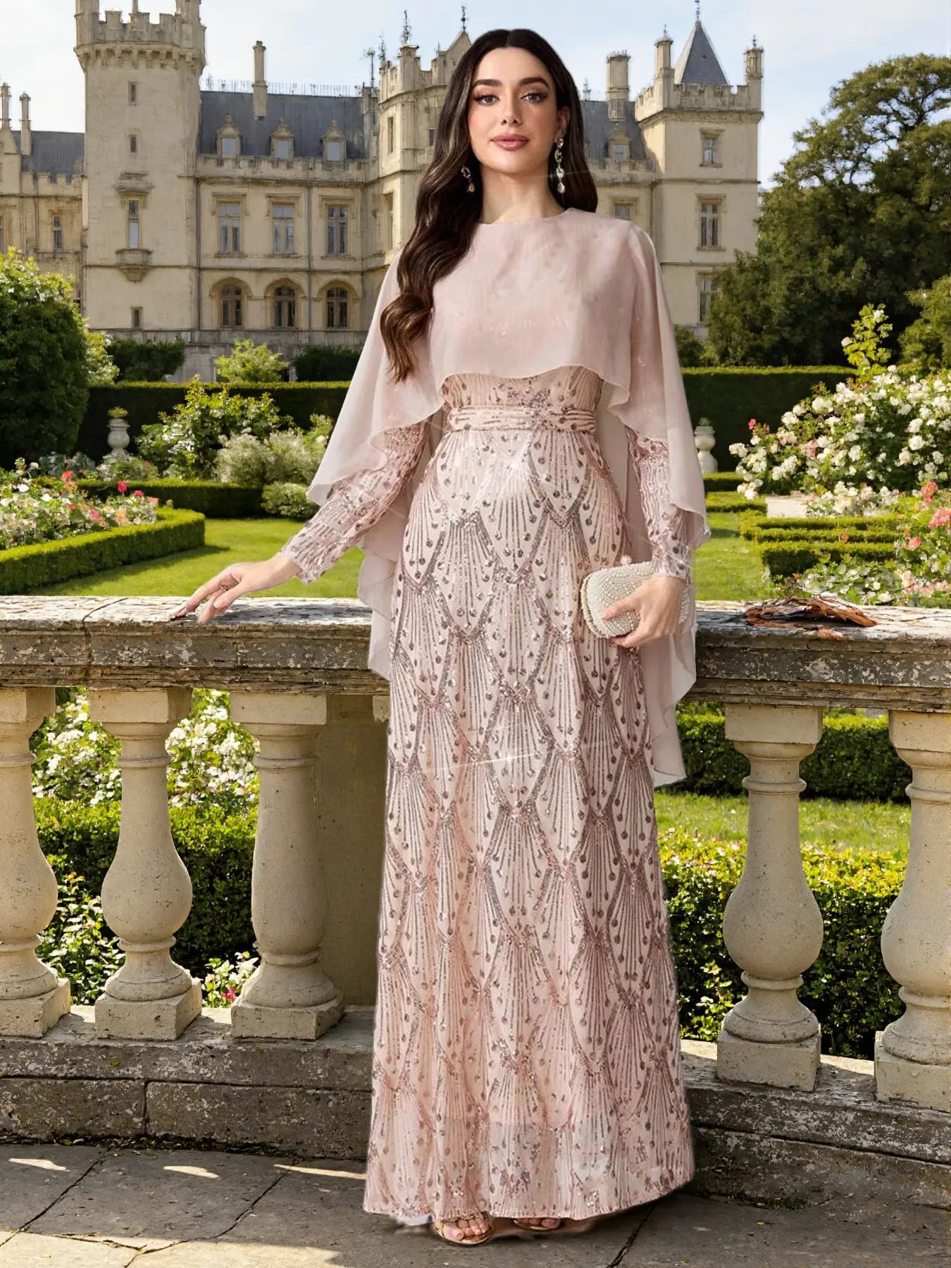 Muslim Luxury Sequin Dress Abaya, Modest Islamic Clothing, Islamic Modesty Clothes, Lace Patchwork Design, Elastic Loose Fake Two-Piece Set, Women's Long Sleeve Embroidered Abaya Gown