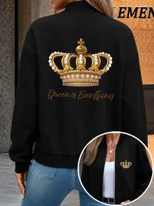 New Zipper Sweatshirt Jacket, Dual-Sided Gold Crown Queen Print, Casual Street Style, Lightweight Four-Seasons Jacket