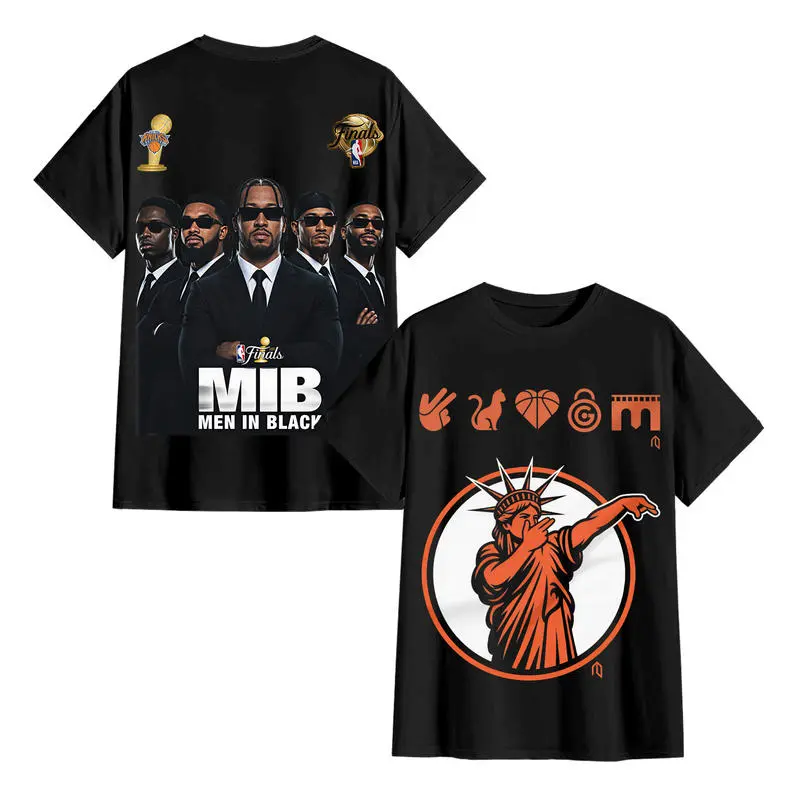 Retro New York .Knicks "MIB Men In Black" Five Suit Players & Dabbing Statue Of Liberty City Symbol Dual-Sided Solid Black T-Shirt, Unisex Oversized Heavyweight Cotton Streetwear Top, Ideal Gift for New York .Knicks Fans and Supporters