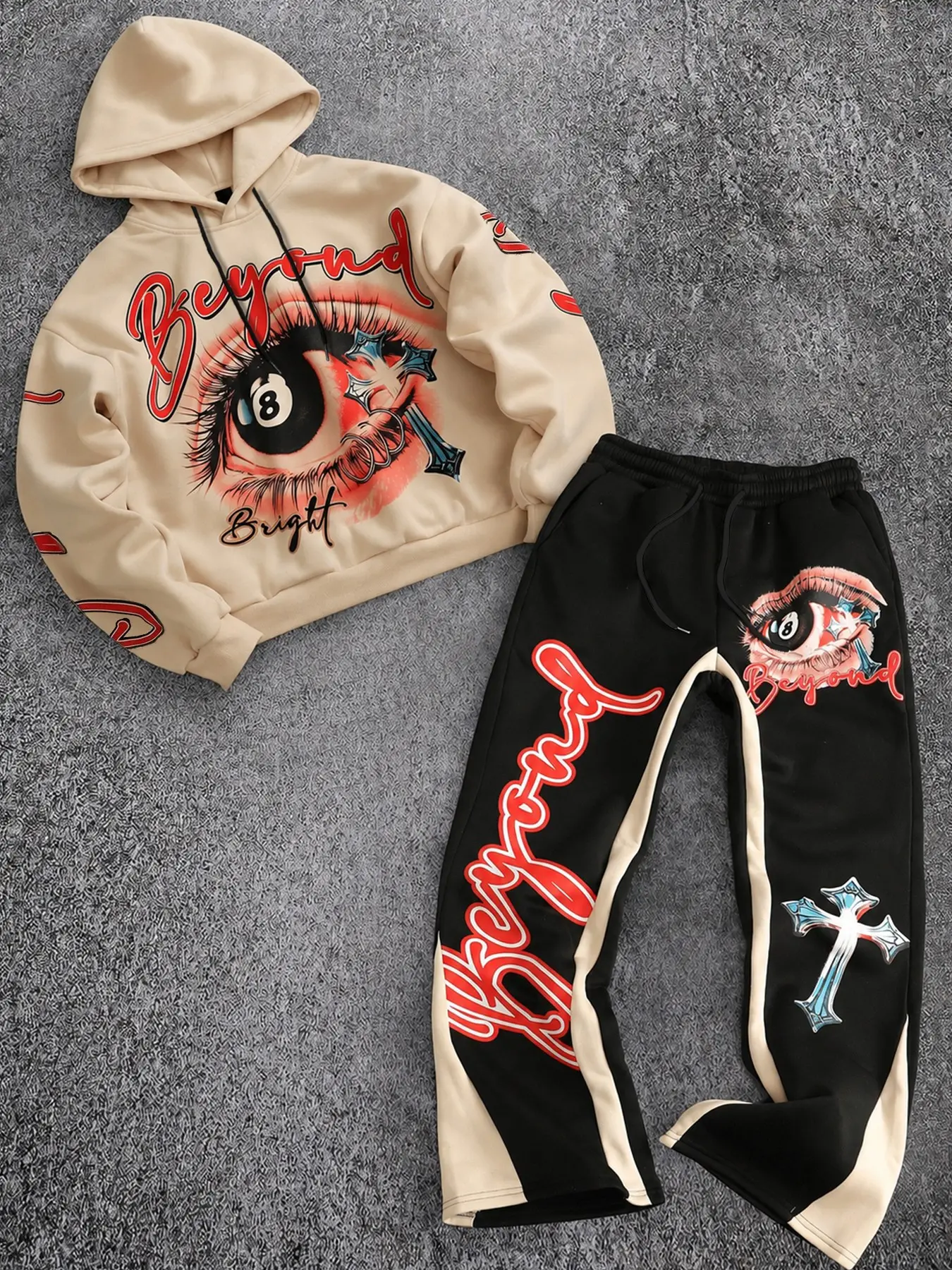 American Street Style Eye Cross Print Matching Hoodie Set for Men, Colorblock Patchwork Casual Two-Piece, Loose-Fitting Unlined Design
