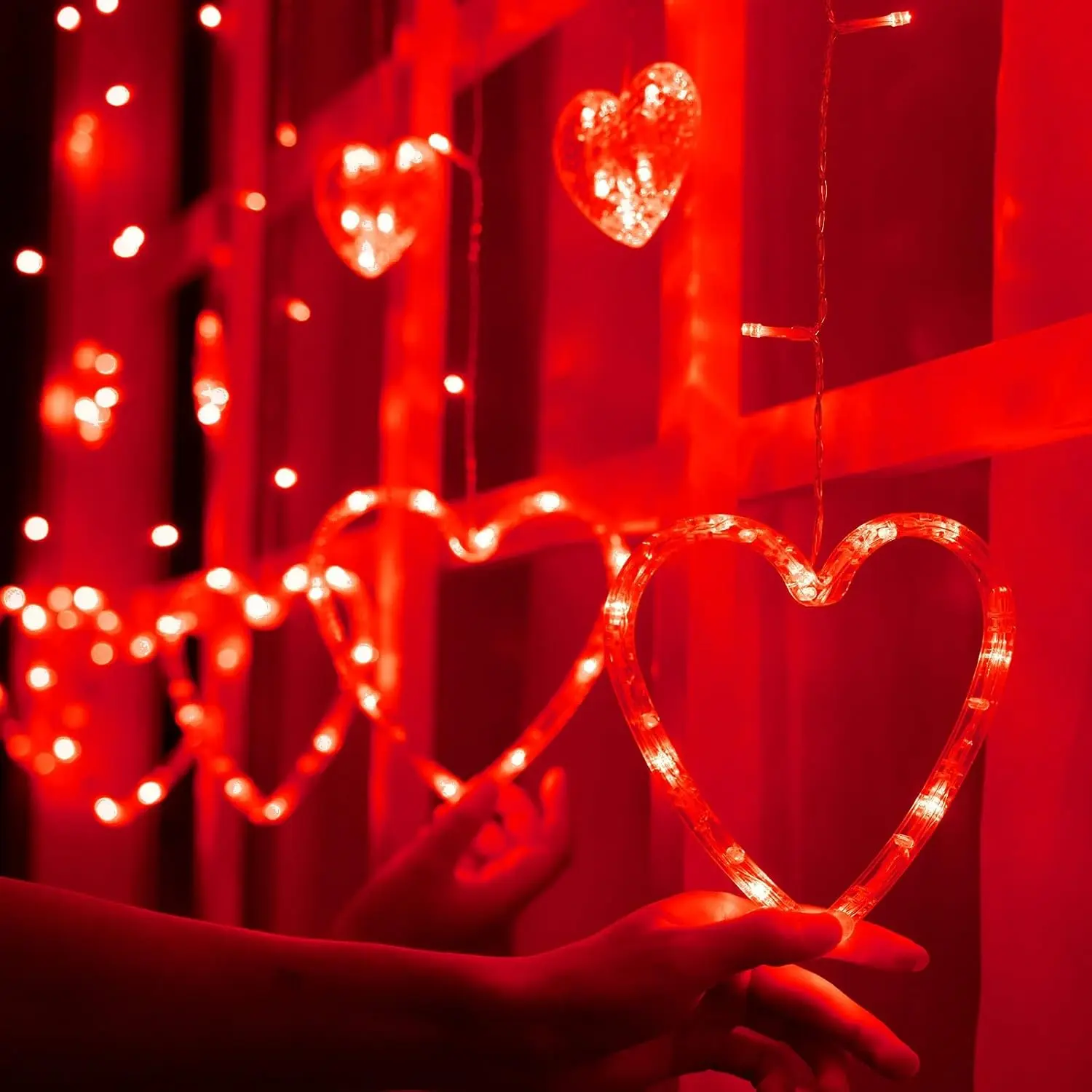 Valentines Day Decor Lights,138 LED 12-Heart-Shaped String Lights ,8 Modes Connetable 29V Plug in Curtain Lights for  Bedroom Wedding Party Valentines Day Decoration (Red)