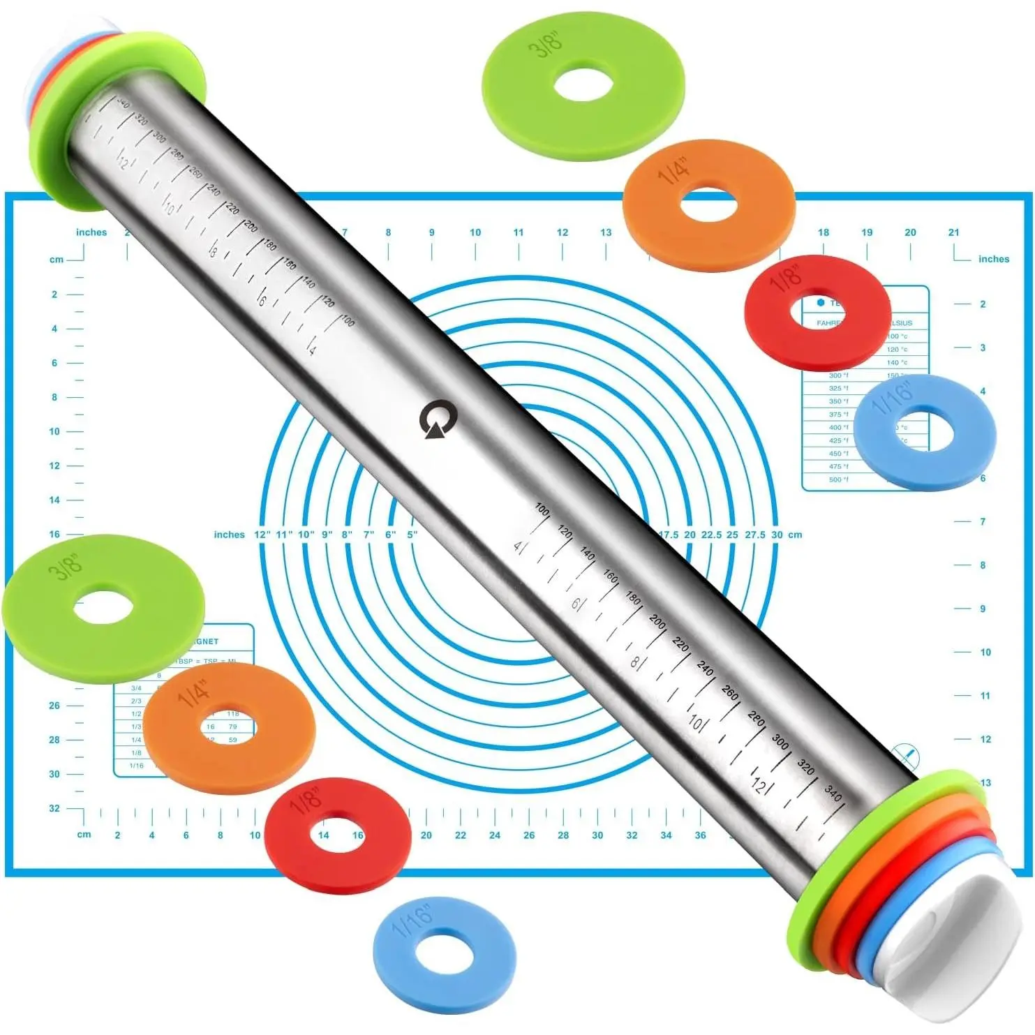 Brushed Stainless Steel Rolling Pin & Baking Mat Set with Adjustable Thickness Ring, 17in Non-Stick Metal Dough Roller with Red Measuring Mat – Baking Essential Tools for Cookies, Fondant, Pizza