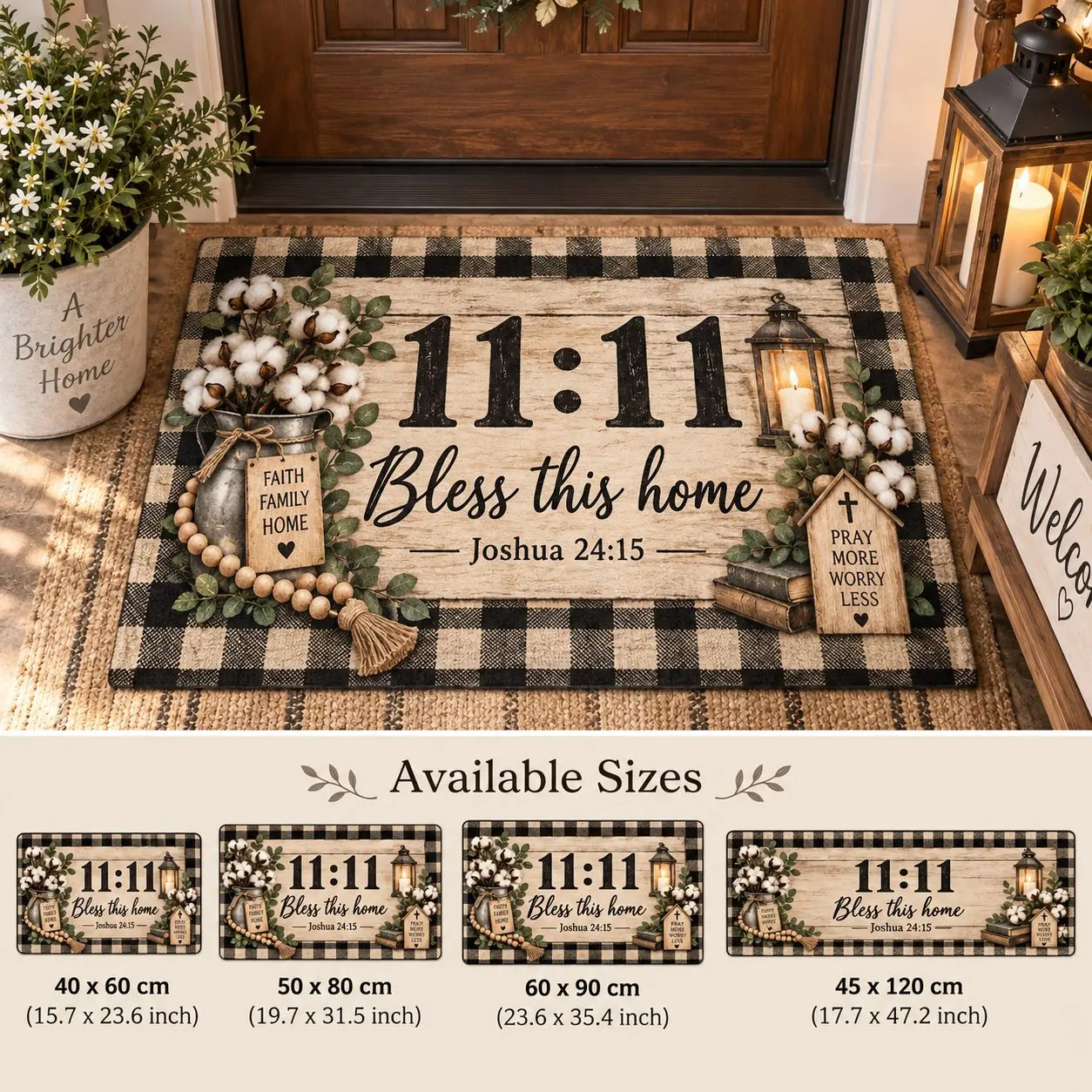 1pc Buffalo Plaid Bless This Home Joshua 24:15 Coir Doormat Non Slip Front Door Mat Farmhouse Religious Entryway Rug