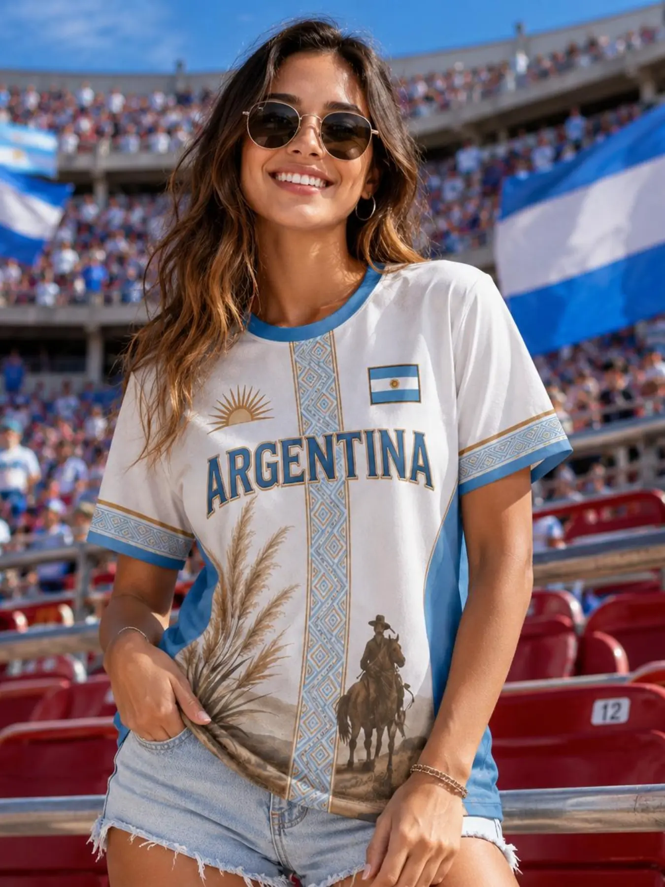 Argentine theme fan quick-drying commemorative T-shirt, casual short-sleeved top, tribal pattern on the back, suitable for all seasons, plain surface