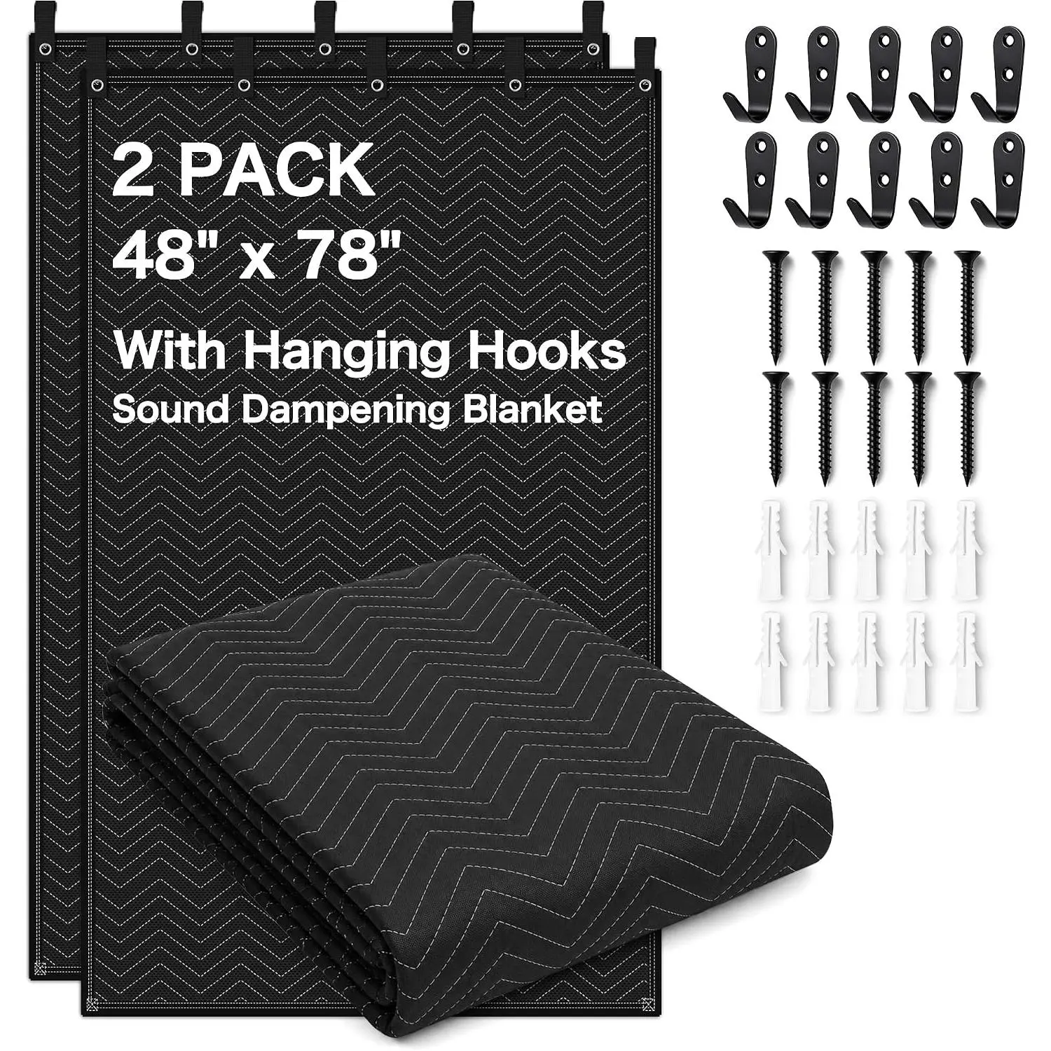 2-Pack Sound Dampening Moving Blankets, 48 x 78 in, 5 Hooks Included | Sound Absorption,Easy Installation,Durable Design,Large Coverage,Multi-Purpose Use