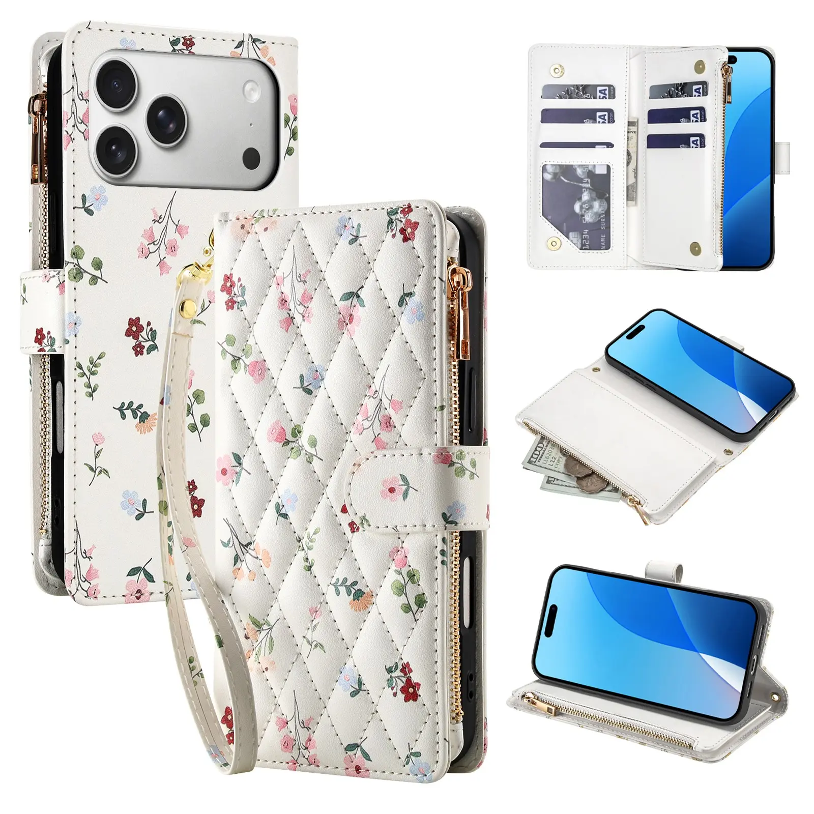 Random Print For iPhone 17 Air 16 Pro Max 16 Plus Fashion Crossbody Bag Wallet Case With Short Lanyard Flower Pattern RFID Blocking 7 Card Slot Capacity Holder Wallet Magnetic Buckle Phone Case