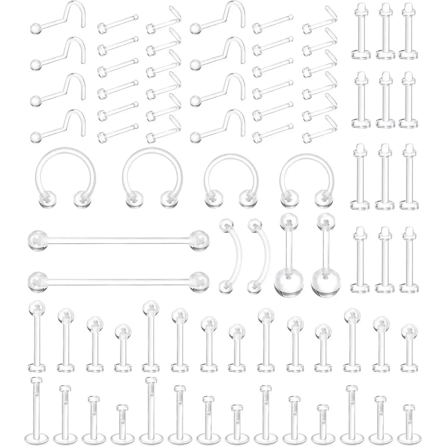 Clear Nose Stud Piercing Retainer Plastic Body Jewelry Lip Helix Septum Eyebrow Belly Cartilage Bioflex Industrial Bar L-Shape Invisible Flat Back Earring for Women Men Sport Surgery Work