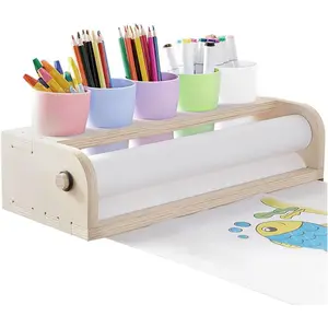 Kids Wooden Tabletop Paper Roll Dispenser with 15" x 16.4ft Paper Rolls 5 Pencil Holder Cups Portable Art Painting Easel for Kids Doodle Draw Play
