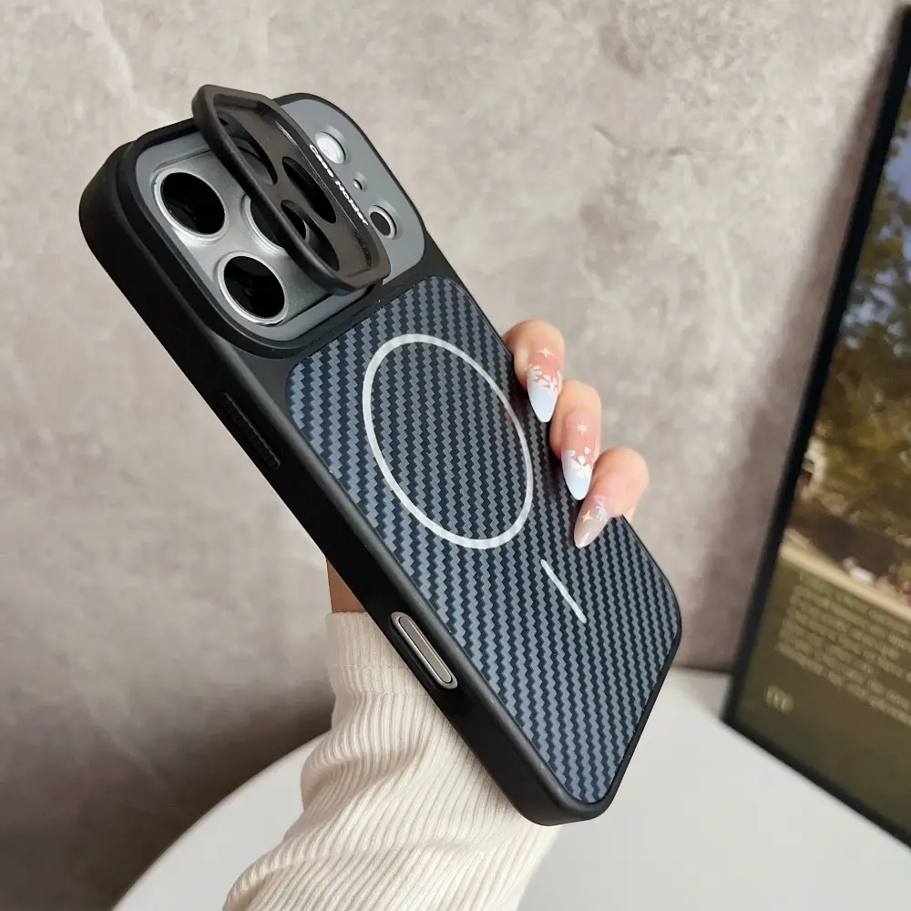 New Carbon Fiber Texture Flip Magnetic Phone Case Strong Magnetic Lens Stand Protective Cover Compatible For iPhone 17 17 Pro 17 Pro Max