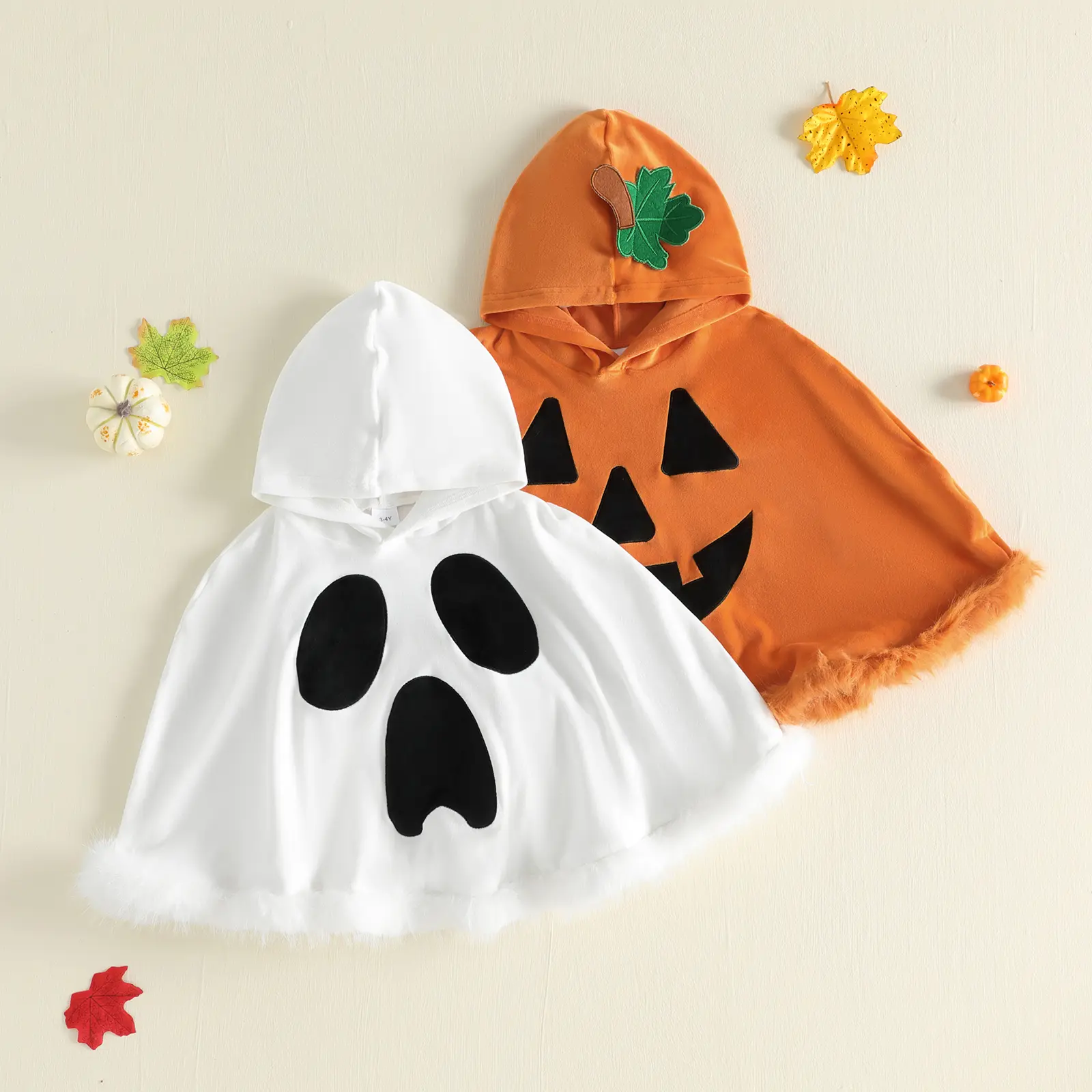 Toddler Baby Little Girls Halloween Cape Hooded Plush Trim Hem Pumpkin/Ghost Poncho Fall Winter 1-7 Years