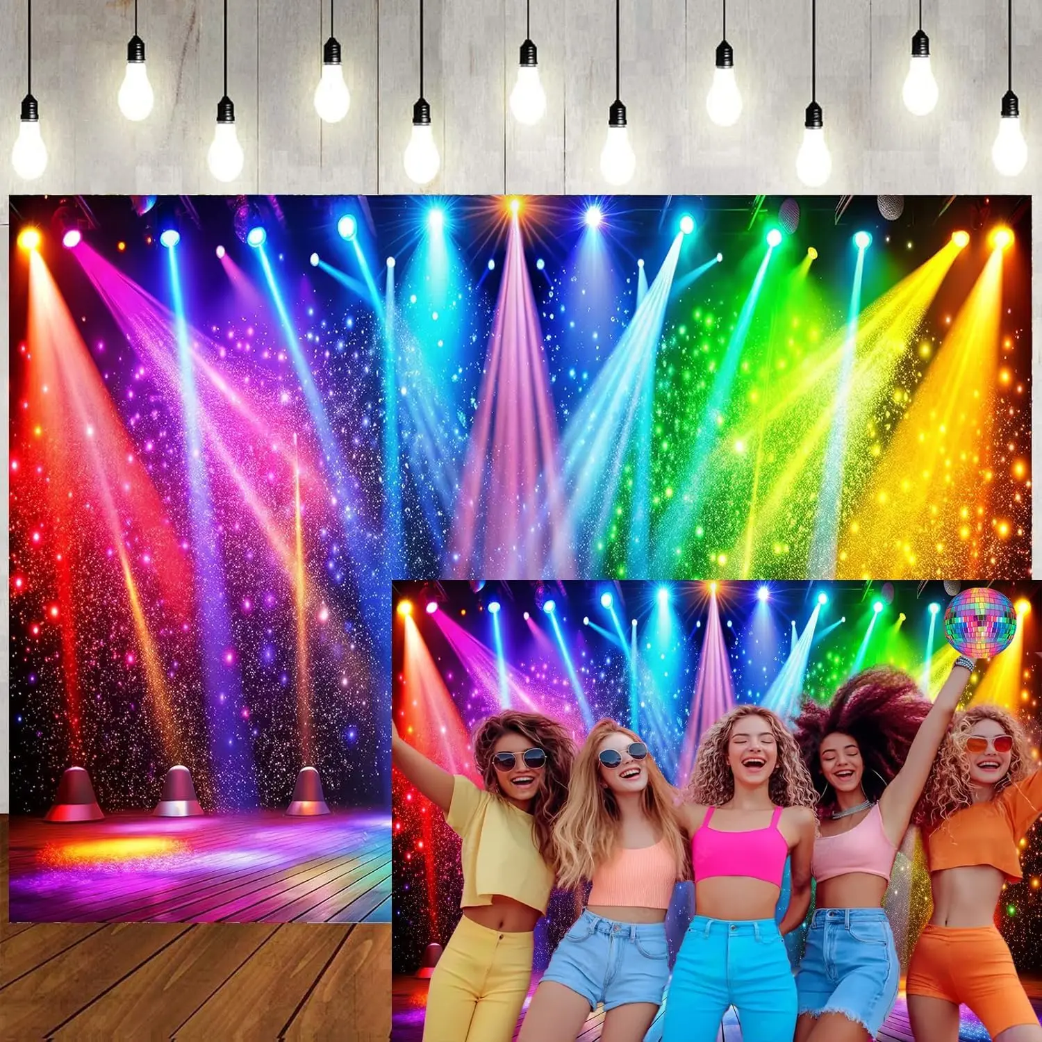 7x5ft Fabric Disco Rainbow Stage 70s 80s 90s Backdrop  Lights Photography Background Rock  Club Neon Glow Party Decorations Photo Banner 312