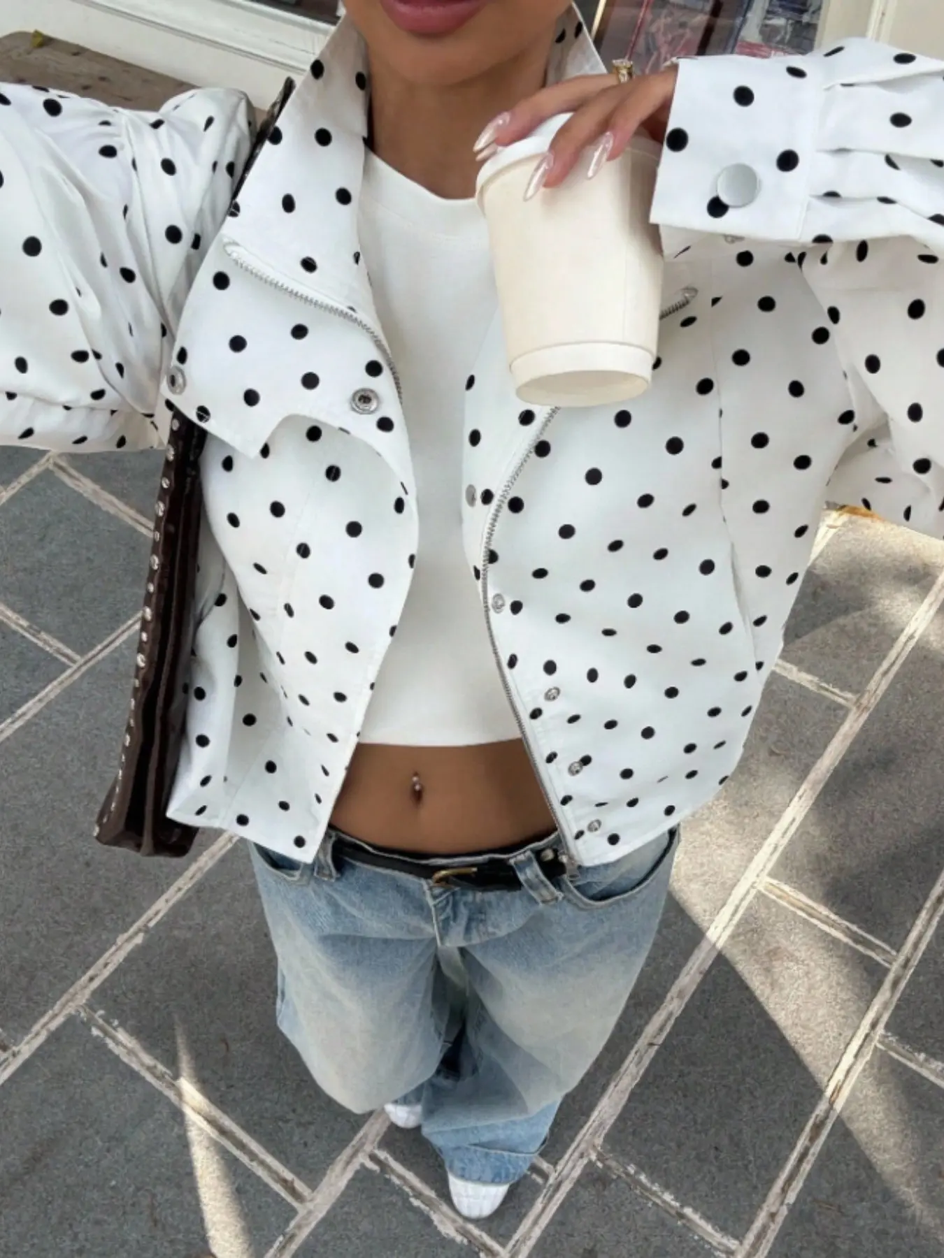 Women's Polka Dot Pilot Jacket, Long Sleeve Notched Collar Short Coat, Button and Zipper Details, Woven Fabric, Fall Casual Wear