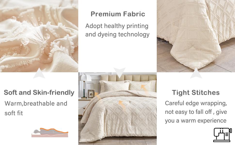 7 Pieces Tufted Bed in a Bag Queen Comforter Set with Sheets Beige, Soft and Embroidery Boho Bohemian, Luxury Color with Pattern, Tufts Bedding Set for All Season