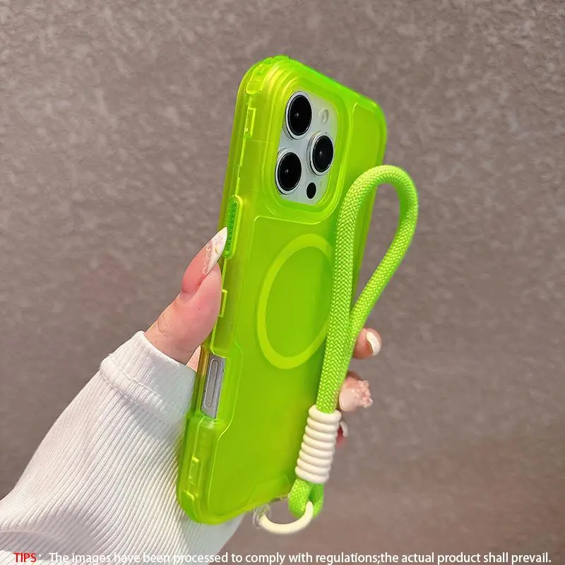 3 in 1 magnetic four corner shock-absorbing phone , Protector case suitable for MagSafe transparent feel+wrist strap case lpone 17 16 15 14 13 12 11promax supports wireless charging and anti drop design, protective case, Shockproof protective casing