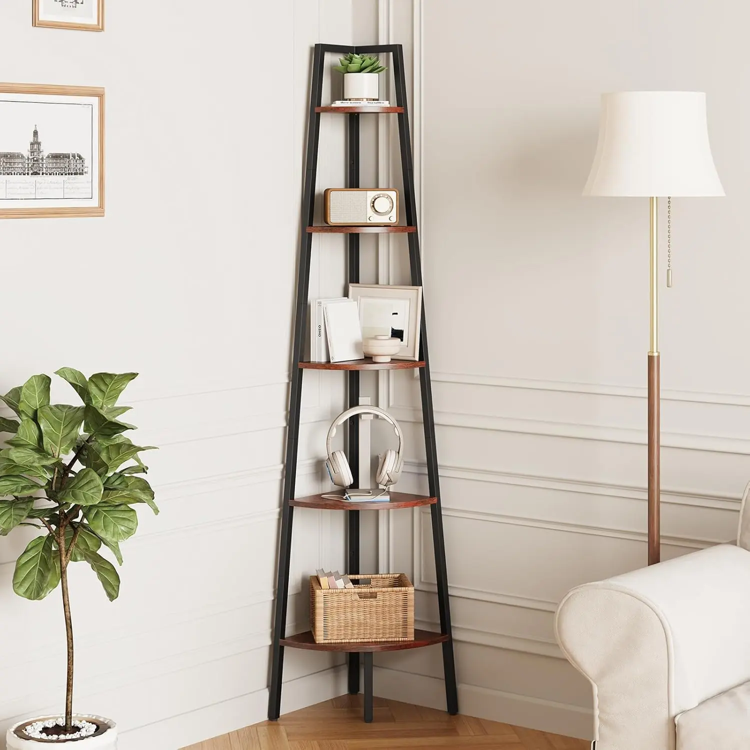 Corner Shelf, 5-Tier Corner Bookshelf with Metal Frame & Wood Ladder Shelves - Display Shelf & Tall Bookcase, Plant Stand for Home Decor - Bedroom, Living Room, Office