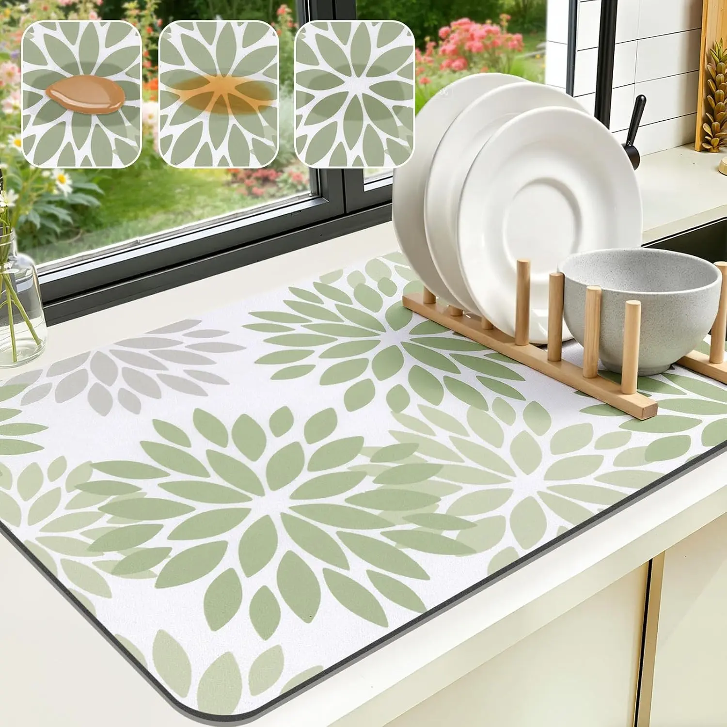 Dish Drying Mat, 12"x 20" Super Absorbent & Cuttable Dish Drying Kitchen Mat with Sage Green Floral Leaf, Hide Stain Drying Mat for Kitchen Counter Tableware