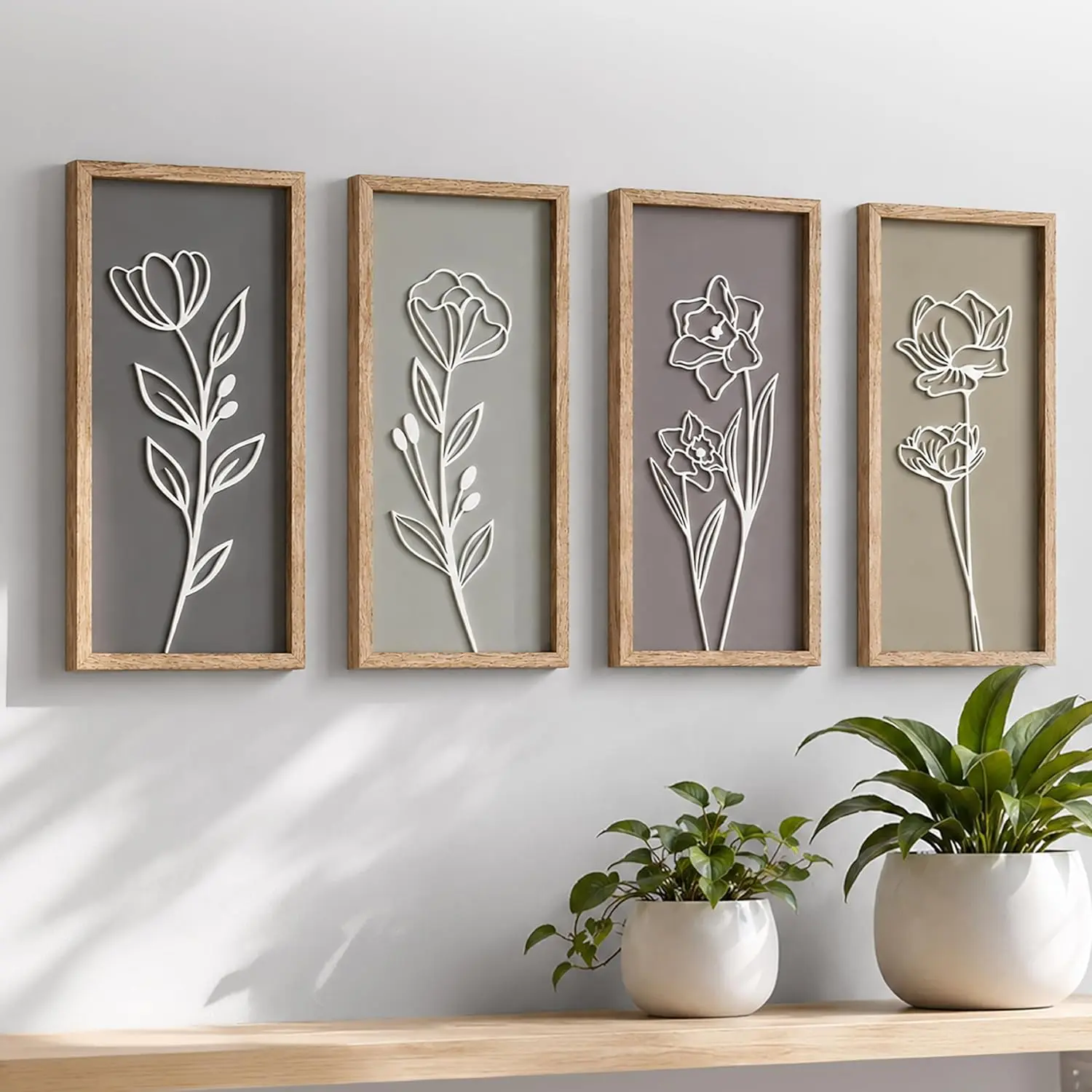 3D Framed Wall Art Set of 4, Floral Boho Wall Decor